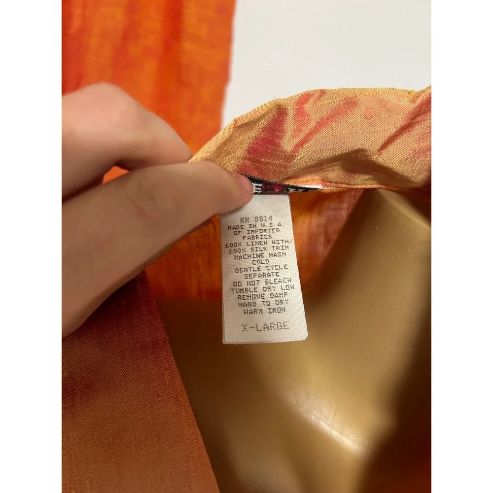 Lisbeth Oslo Women XL Orange Linen Silk Trim 2 Piece Set Tunic Button Up Pants